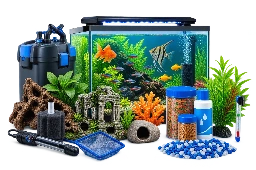 Aquarium category display featuring fish tanks, fish food, and decorative aquarium accessories arranged together, including filters and other essential aquarium supplies.