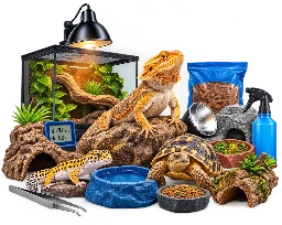 Reptile sitting beside Reptile food and accessories