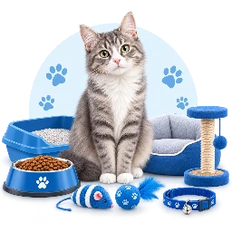 Cat sitting beside cat food and accessories
