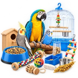 Birds  sitting beside Birds food and accessories