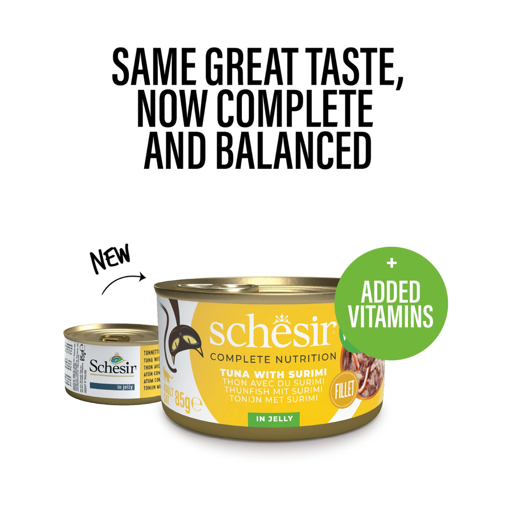 Schesir Complete & Balanced Nutrition Wet Cat Food in Jelly Can- Tuna With Surimi 85g 