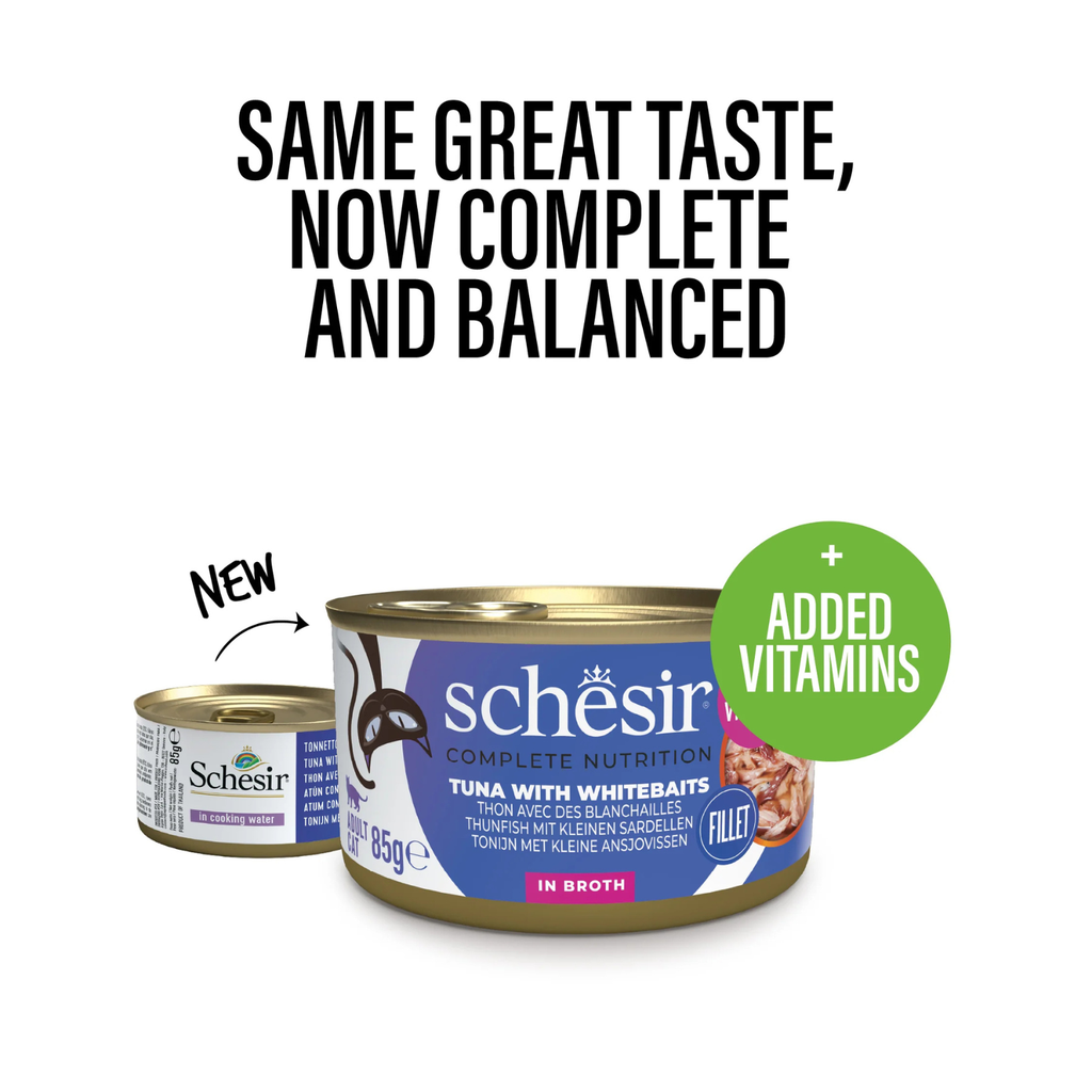 Schesir Complete & Balanced Nutrition Wet Cat Food in Broth Can- Tuna With Whitebait 85g 