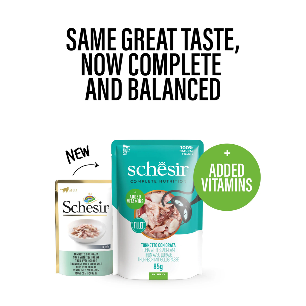 Schesir Complete & Balanced Nutrition Wet Cat Food in Jelly Pouch- Tuna With Seabreem 85g 