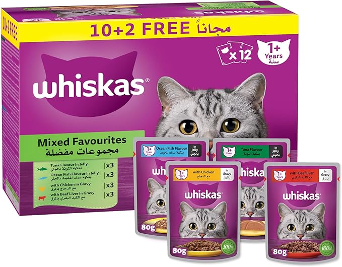 Whiskas Mixed Favourites Wet Cat Food 10+2 Multipack - 12X80G