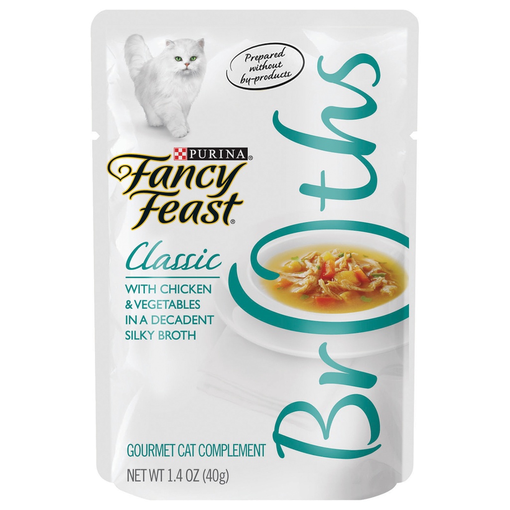 Purina Fancy Feast Classic Broths with Chicken & Vegetables Supplemental Wet Cat Food 1.4oz Pack of 16 Pouches