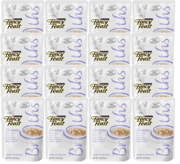 Purina Fancy Feast Creamy Broths with Wild Salmon & Whitefish Supplemental Wet Cat Food 1.4oz Pack of 16 Pouches