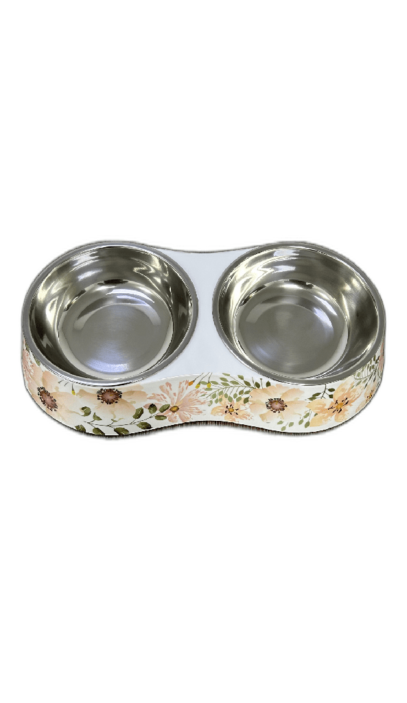 Cozy Paws Double Melamine Bowl- 28.5X13.5X6CM - White Flower