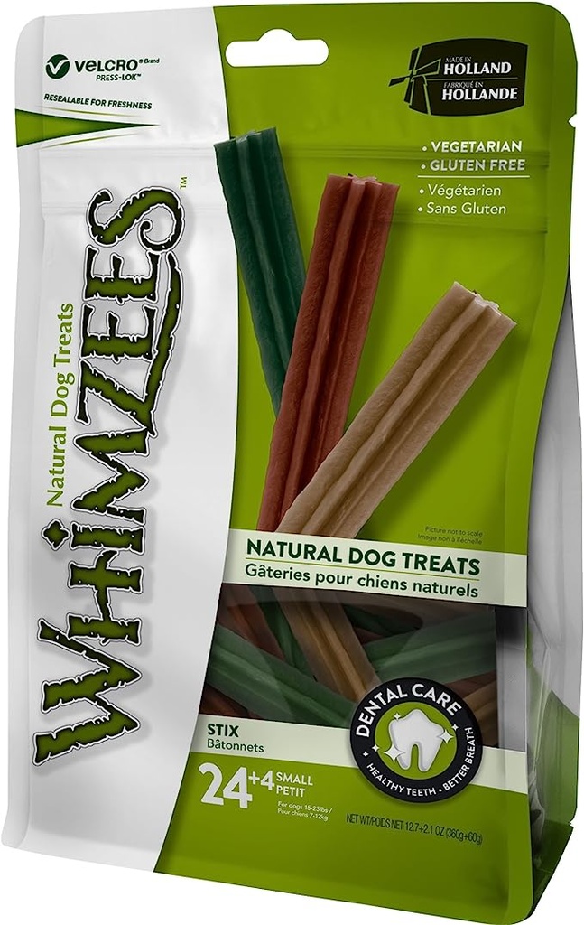 Whimzees Vegetarian Grain Free Dental Natural Dog Treats Stix Small 24+4pcs / 360gm