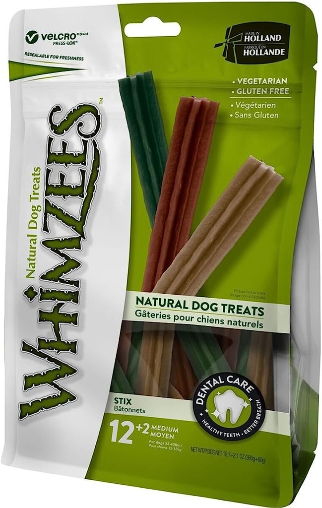 Whimzees Natural Grain Free Dental Dog Treats Stix Medium 12+2pcs 360gm+60gm