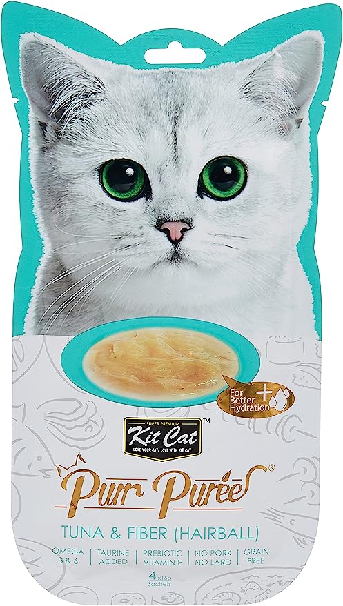 Kit Cat Purr Puree Tuna & Fiber Hairball Wet Treat Tubes 4x15gm