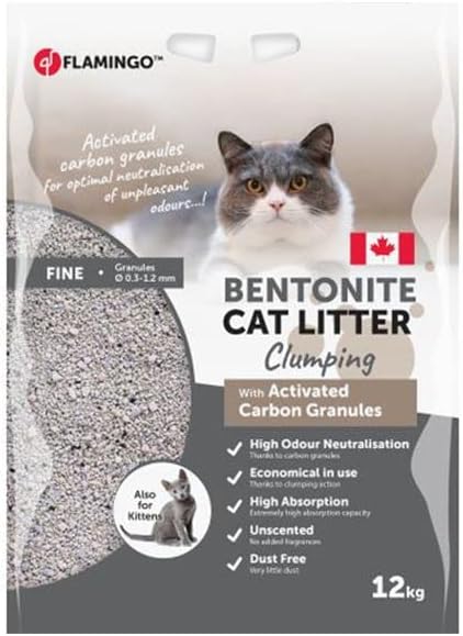[561313-12KG] Flamingo Cat Litter Bentonite with Activated Carbon Granules Fine Grains Clumping 12kg