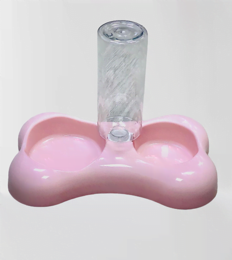 Pets Club Bone Shape Pet Double Bowl with Water Dispenser Pink 500ml / 30.8x18.5x5cm
