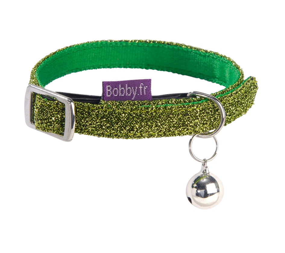 Bobby Disco Cat Collar  Glittery Nylon Quick Close with Bell Green  XS