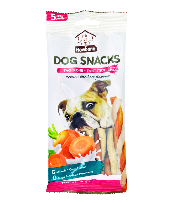 Howbone Dog Snack Two In One Twist Stick  Goat's Milk+Carrot Flavour 5pcs 80gm