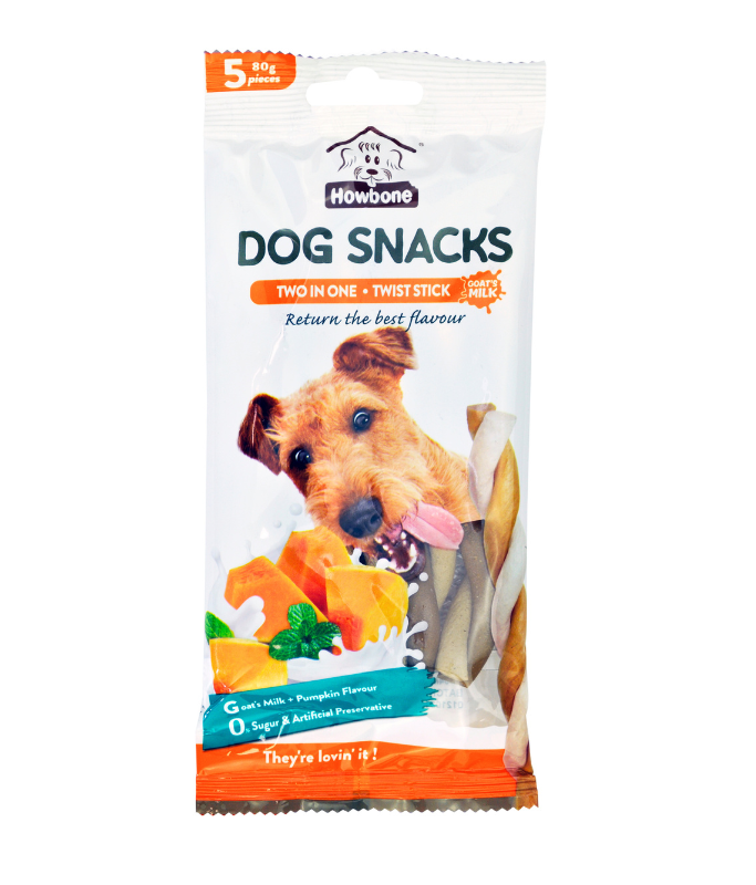 Howbone Dog Snack Two In One Twist Stick Goat's Milk & Pumpkin Flavour 5pcs 80gm
