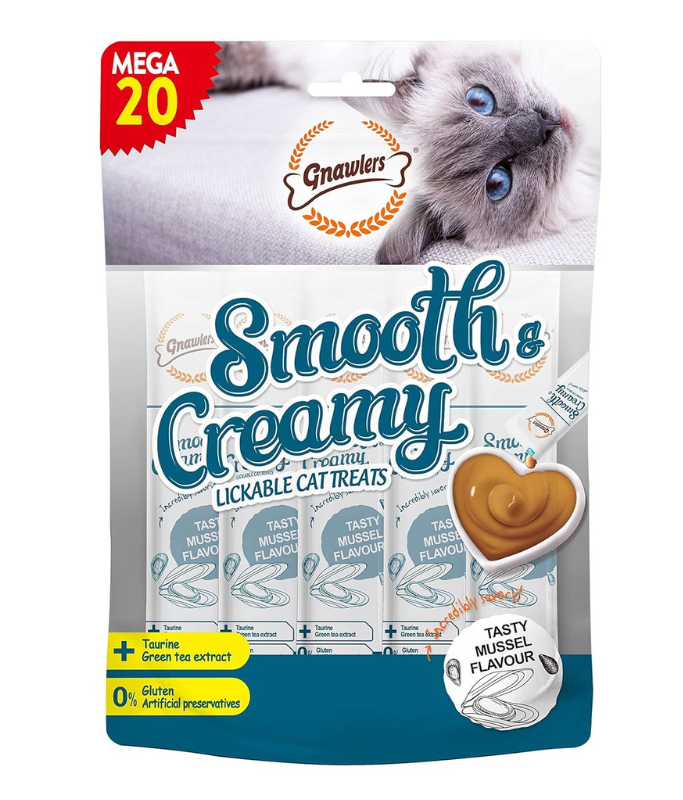 Gnawlers Smooth & Creamy Lickable Cat Treats Mussel Flavour 20pcs x 15gm 