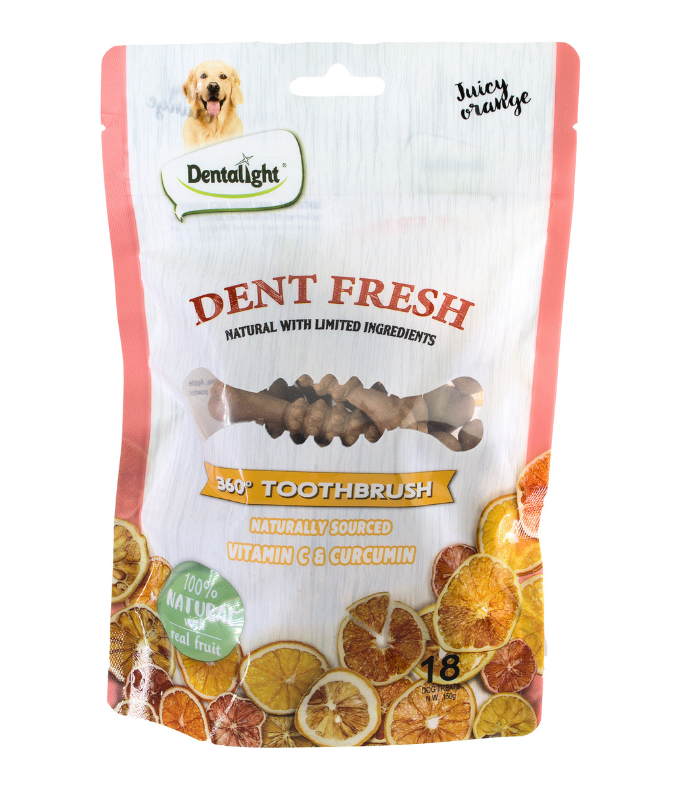 Dentalight Dent Fresh 360° Toothbrush Dog Treat Orange 3inch 18pcs 150gm