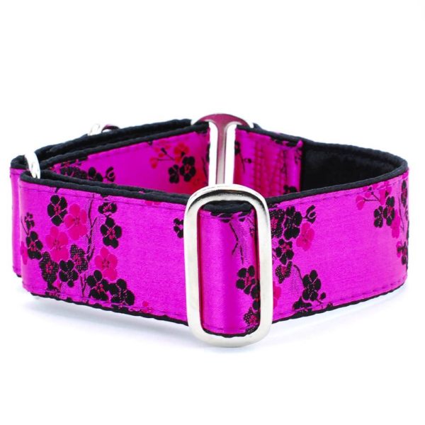 2 Hounds Design Satin Lined Martingale Dog Collar Cherry Blossoms Fuchsia Small 10/14"