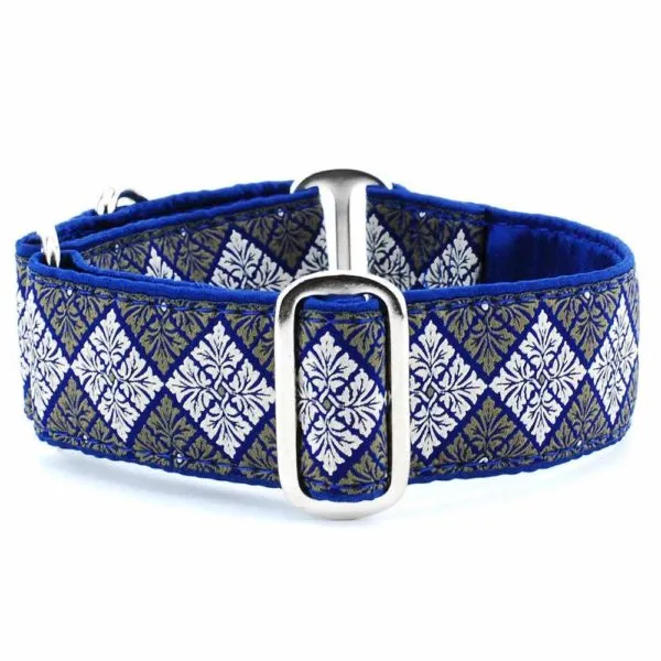 2 Hounds Design Satin Lined Martingale Dog Collar Leaf Tile Navy Blue Small 10/14"