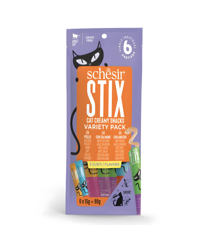 Schesir Stix Treat Variety Pack Mixed Flavors Chicken Duck & Salmon 6x15gm