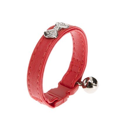 [76016922] Ferplast Joy C Cat Collar Red Colour 35cm x 20mm Leather W. Metal Bowtie Rhinestone Bell Quick Buckle