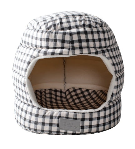 [206126-1] PetShop by Fringe Studio Painted Gingham Canvas Hut Cat Bed - BLACK/14X15X15