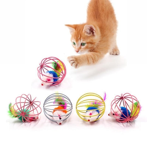 [204646-4] Trixie Plush Mouse in Wire Ball Cat Toy - WHITE/6CM