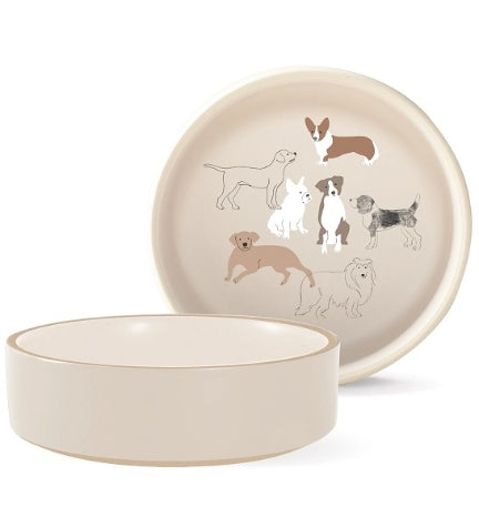 [206130-1] PetShop by Fringe Studio Pencil Dogs Minimal Stoneware Pet Bowl - BEIGE/6.5X2.5