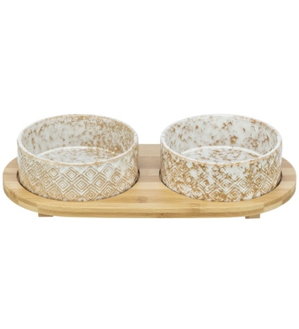 [206963-1] Trixie Ceramic Bowl Set with Bamboo Tray for Dogs - 30X6X15CM