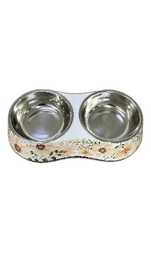 [PC-CE4019] Cozy Paws Double Melamine Bowl- 28.5X13.5X6CM - White Flower