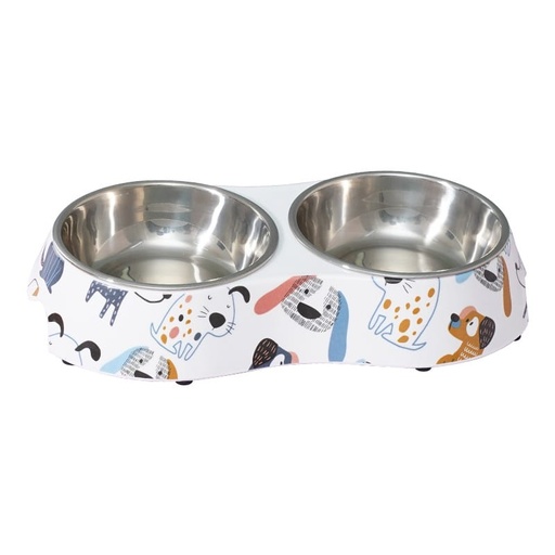 [PC-CE4016] Cozy Paws Double Melamine Bowl- 28.5X13.5X6CM - White Scoopy