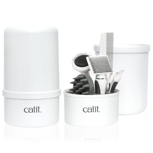 [HA40000W] Catit Grooming Kit for Shorthaired Cats Canister includes 5 Tools Rubber Palm Brush Nylon Slicker Brush Metal Slicker Brush Fine Comb and Curved Nail Clippers