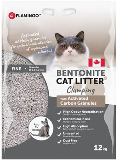 [561313-12KG] Flamingo Cat Litter Bentonite with Activated Carbon Granules Fine Grains Clumping 12kg
