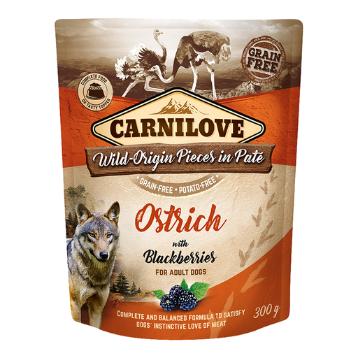 [8595602537747] Carnilove Ostrich with Blackberries for Adult Dogs Wet Food Pouches 12x300gm