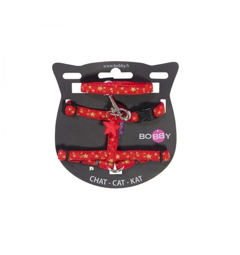 [BOHCMERR-R-XS] Bobby Merry XS Cat Harness & Leash Nylon Washable with Stars Red