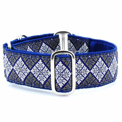 [HUSATCD15SSM-LTN] 2 Hounds Design Satin Lined Martingale Dog Collar Leaf Tile Navy Blue Small 10/14"