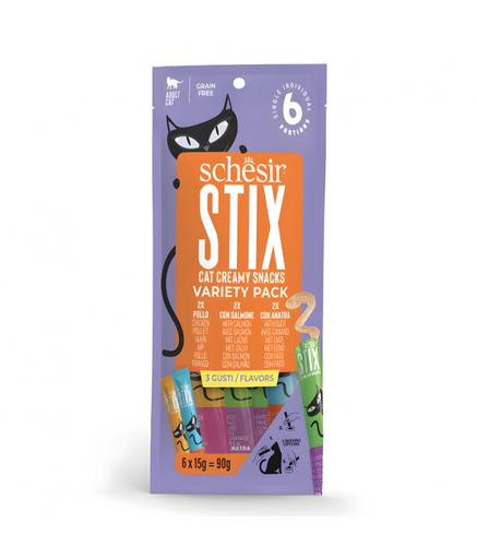 [SCINV25235004] Schesir Stix Treat Variety Pack Mixed Flavors Chicken Duck & Salmon 6x15gm