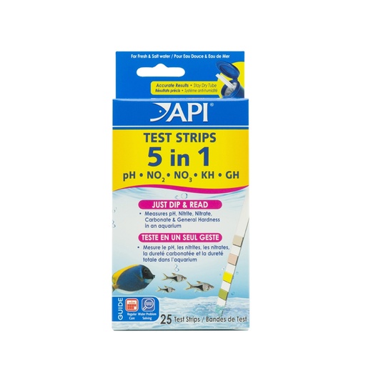 [AI33G] API 5in1 One Step Test Strips - pH, KH, GH, NO2, NO3 for Freshwater & Saltwater Aquarium 25 Strips